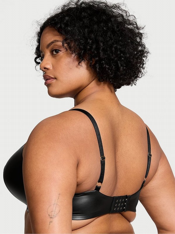 Black Victoria Secret Push Up Faux Leather Push Up Bras | KUFHA3508