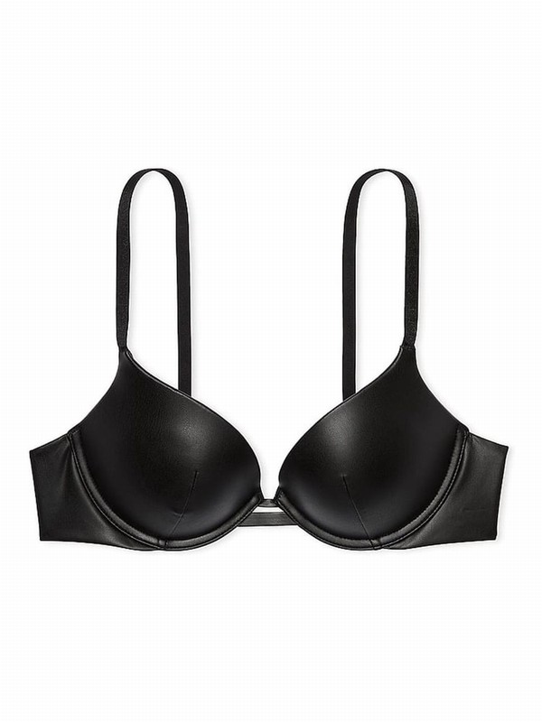 Black Victoria Secret Push Up Faux Leather Push Up Bras | KUFHA3508