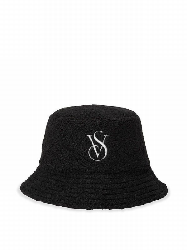 Black Victoria Secret Reversible Teddy Bucket Hats | FKPAC0814