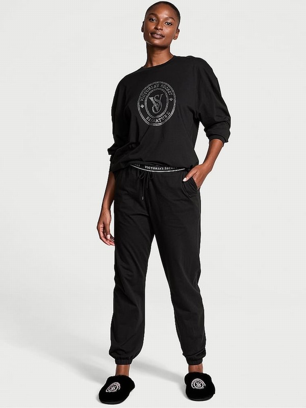 Black Victoria Secret Rhinestone Graphic London Cotton Long Nightwear | JIMRN7521