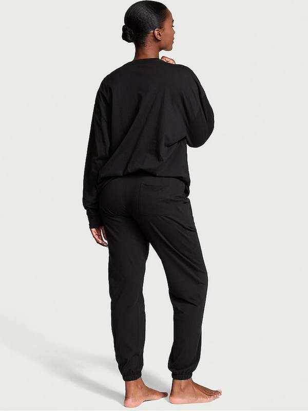 Black Victoria Secret Rhinestone Graphic London Cotton Long Nightwear | JIMRN7521