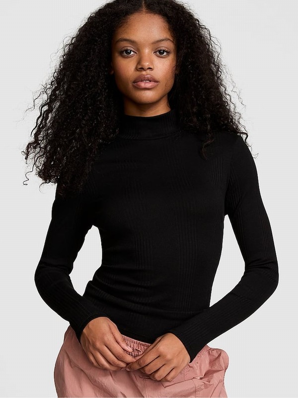 Black Victoria Secret Ribbed Mock Neck Long Sleeve T Shirts | NPAQW1735