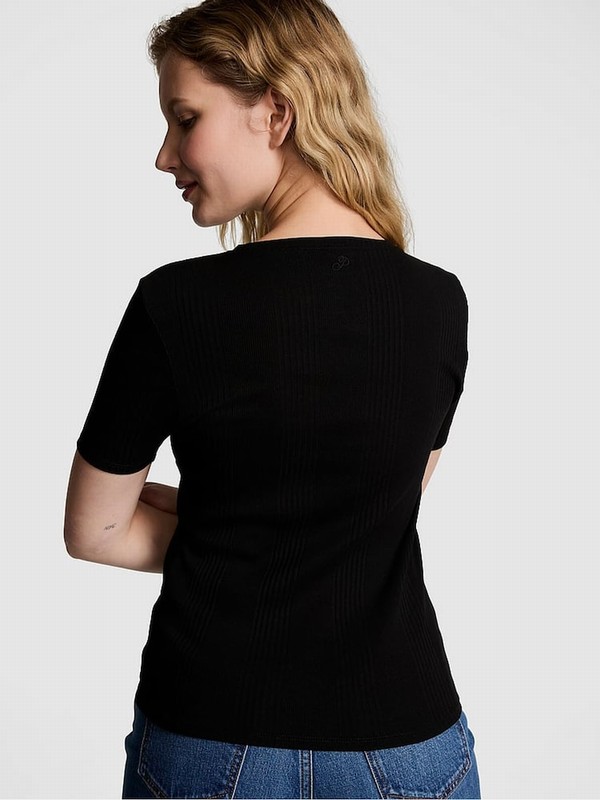 Black Victoria Secret Ribbed Sleeve T Shirts | LWIYS3720