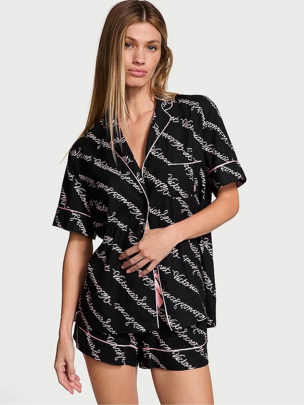 Black Victoria Secret Ribbon Script Flannel Nightwear | JUZKS6983