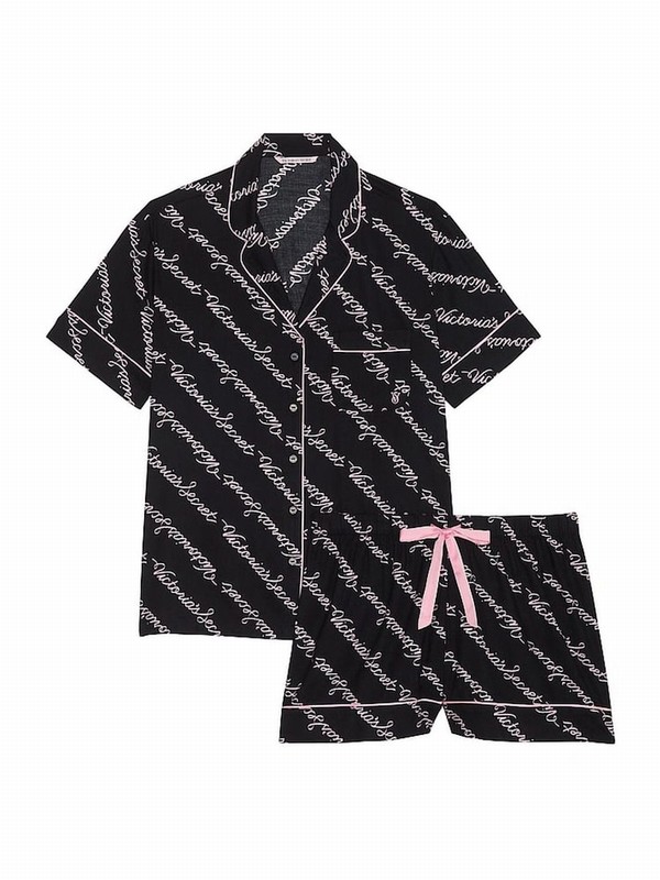 Black Victoria Secret Ribbon Script Flannel Nightwear | JUZKS6983