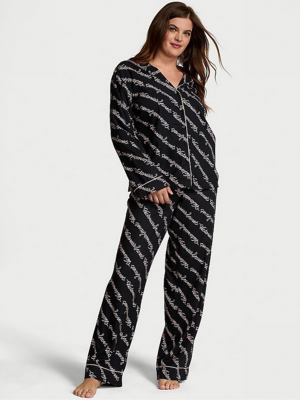 Black Victoria Secret Ribbon Script Flannel Long Nightwear | GBXNR3127