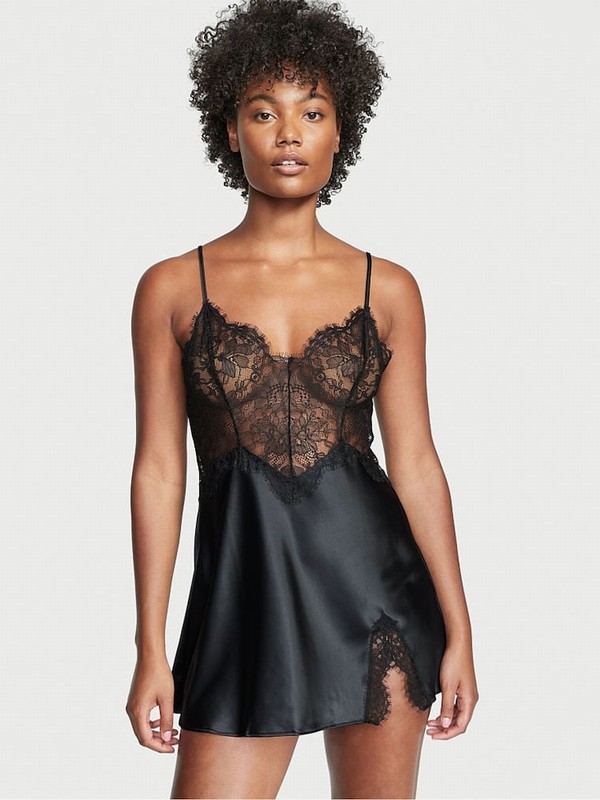 Black Victoria Secret Satin Lace Slip Lingerie | VRUDW5649