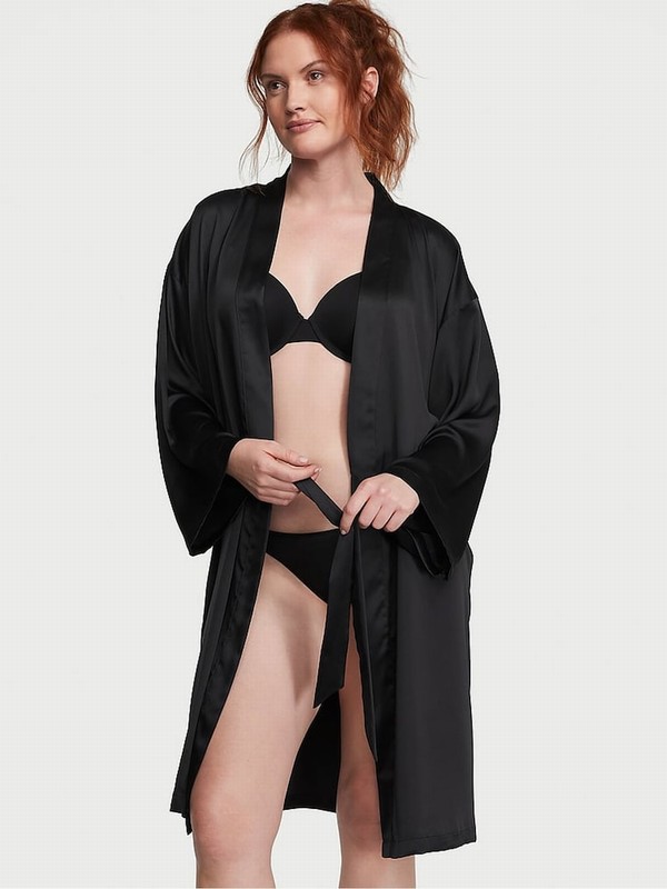 Black Victoria Secret Satin Midi Robe Lingerie | CDEVH4127