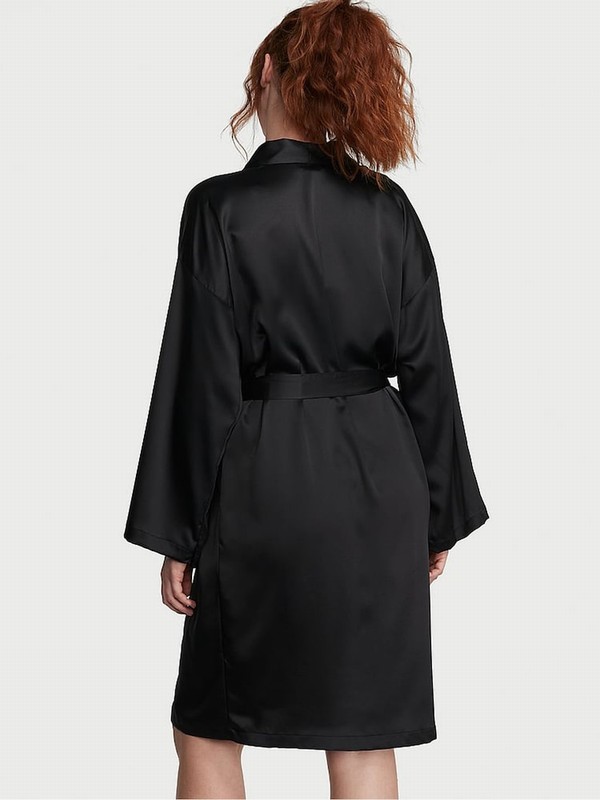 Black Victoria Secret Satin Midi Robe Lingerie | CDEVH4127