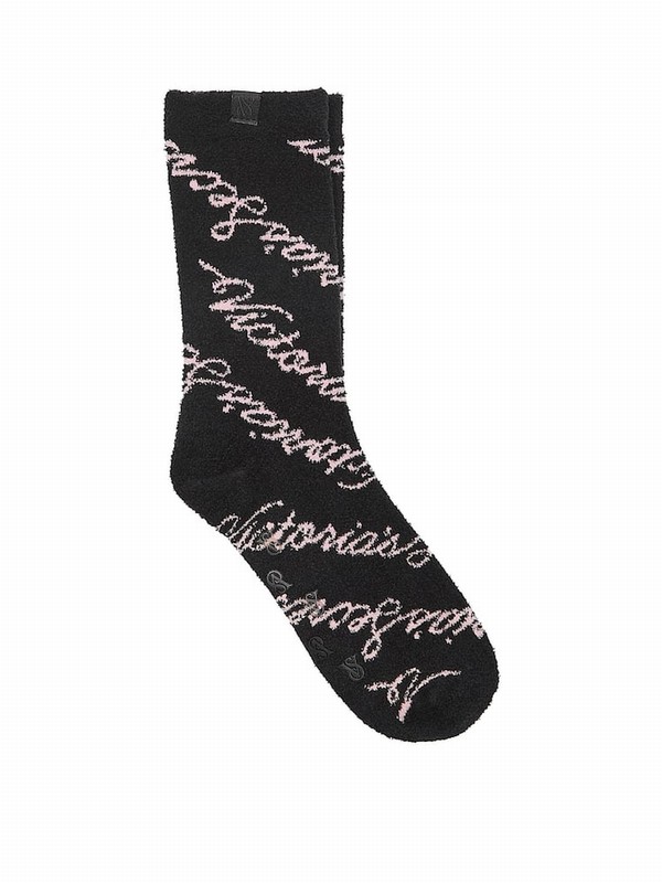 Black Victoria Secret Script Fleece Socks | ELANR2456