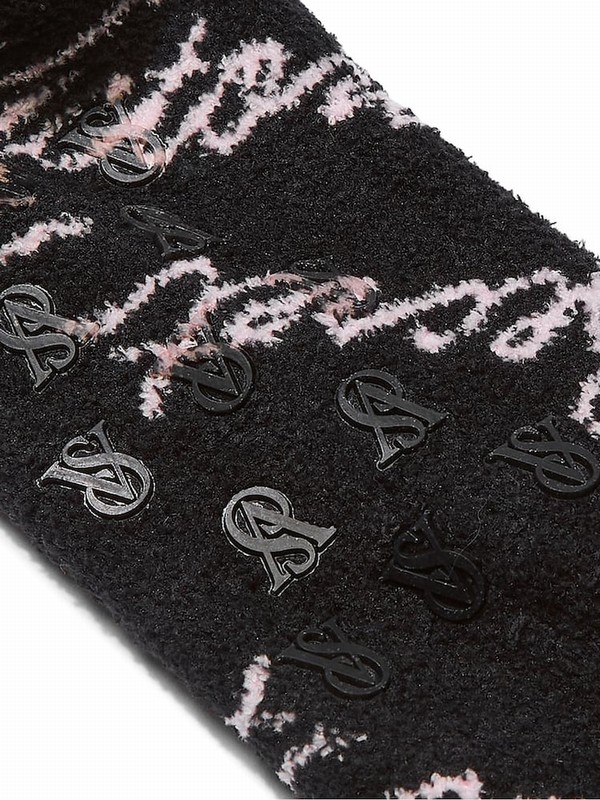 Black Victoria Secret Script Fleece Socks | ELANR2456