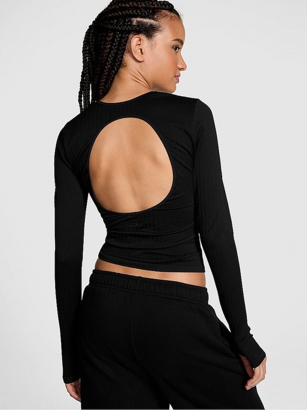 Black Victoria Secret Seamless Cable Knit Long Sleeve T Shirts | WESCK4953