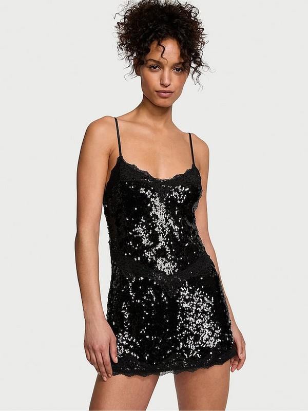 Black Victoria Secret Sequin Slip Lingerie | IRNYK9085