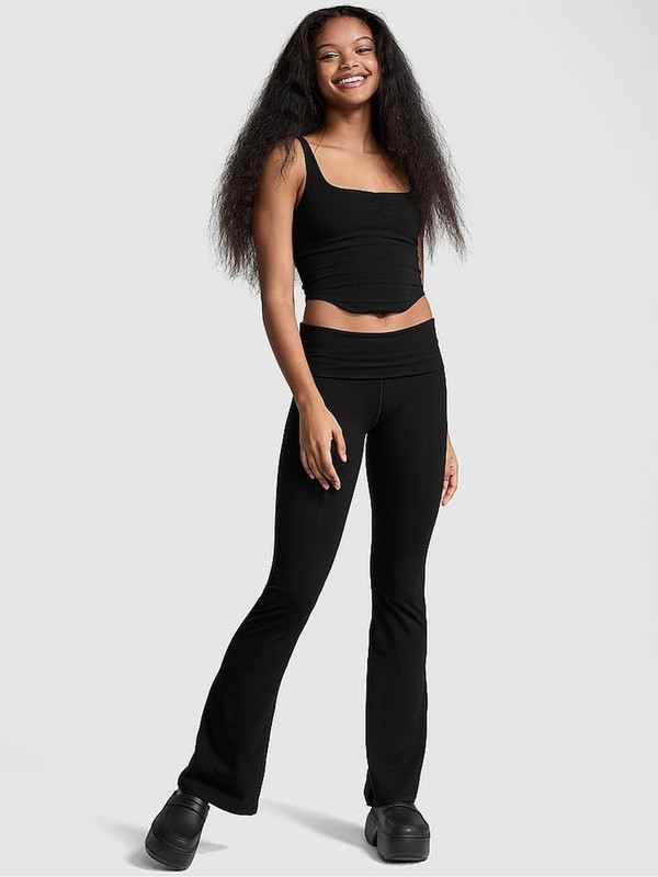 Black Victoria Secret Shine Diamante Cotton Foldover Flare Leggings | QXTMZ9284