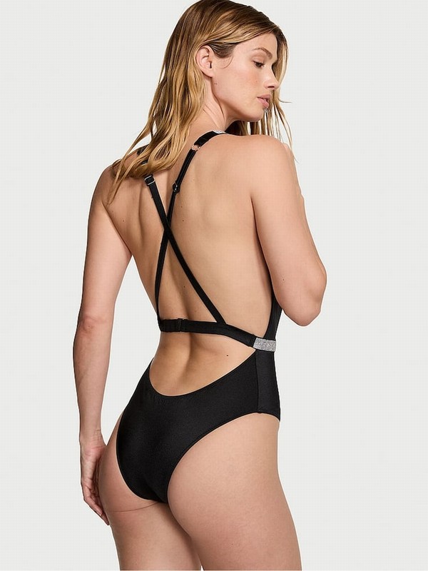 Black Victoria Secret Shine Plungesuit Swimsuits | AJOQL1407