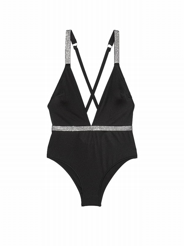 Black Victoria Secret Shine Plungesuit Swimsuits | AJOQL1407