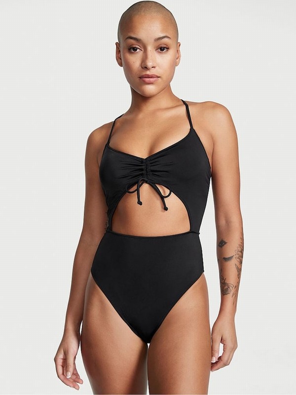 Black Victoria Secret Shine Ruched Shine Cut Out One Piecesuit Swimsuits | IOJUH1467