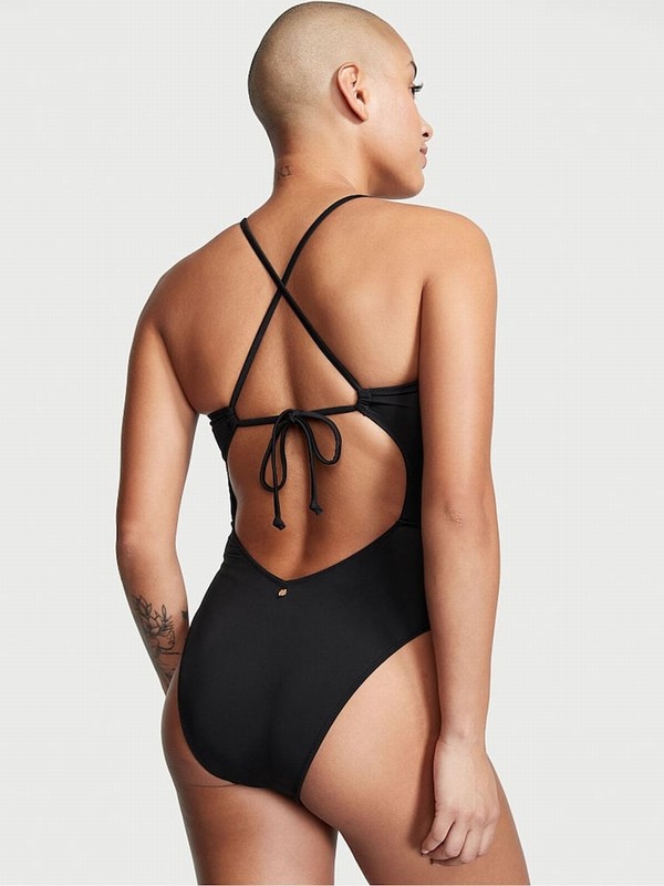 Black Victoria Secret Shine Ruched Shine Cut Out One Piecesuit Swimsuits | IOJUH1467