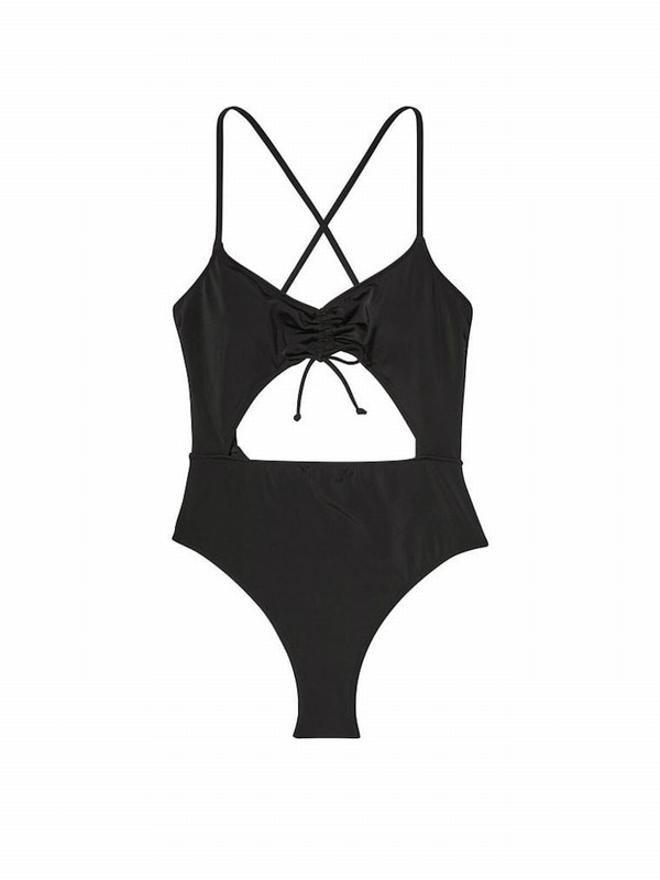 Black Victoria Secret Shine Ruched Shine Cut Out One Piecesuit Swimsuits | IOJUH1467