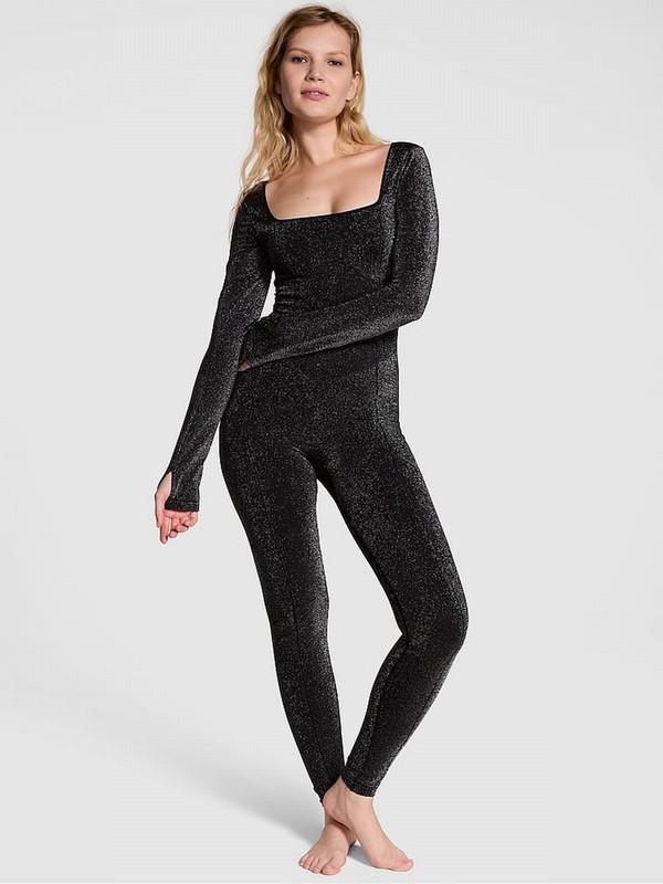 Black Victoria Secret Shine Seamless Square Neck Jumpsuit | QNCWU9826