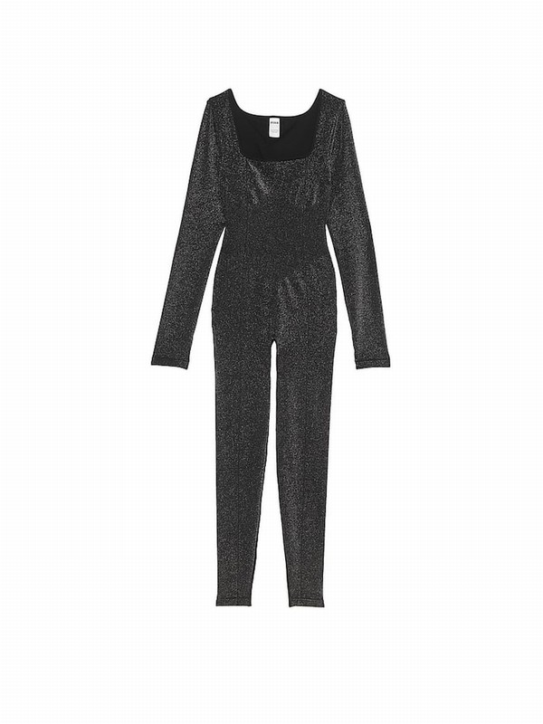 Black Victoria Secret Shine Seamless Square Neck Jumpsuit | QNCWU9826