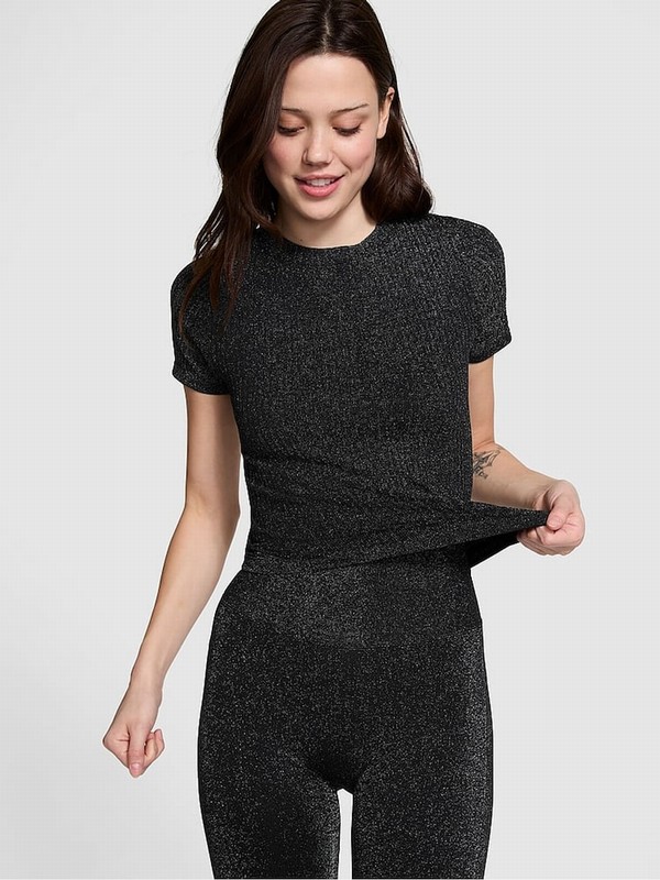 Black Victoria Secret Shine Seamless T Shirts | OAMEH1092