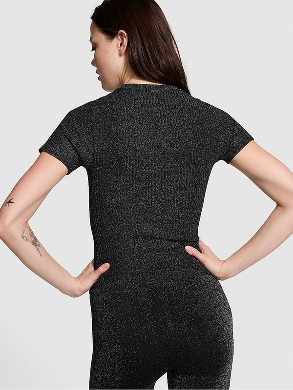 Black Victoria Secret Shine Seamless T Shirts | OAMEH1092