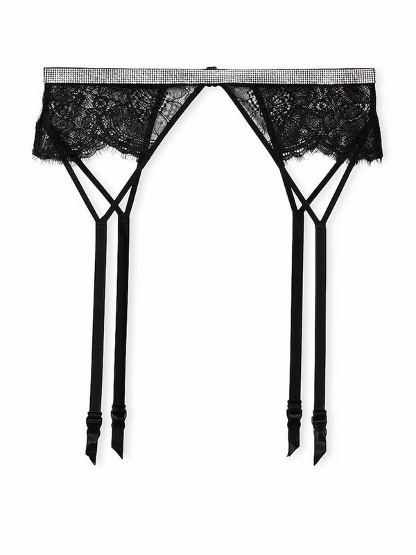Black Victoria Secret Shine Strap Lace Suspenders Lingerie | BTXDU6724