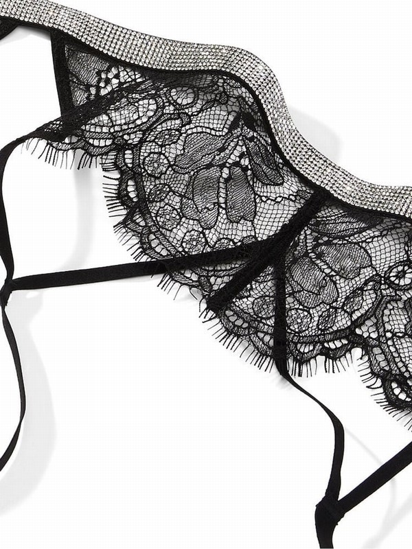 Black Victoria Secret Shine Strap Lace Suspenders Lingerie | BTXDU6724