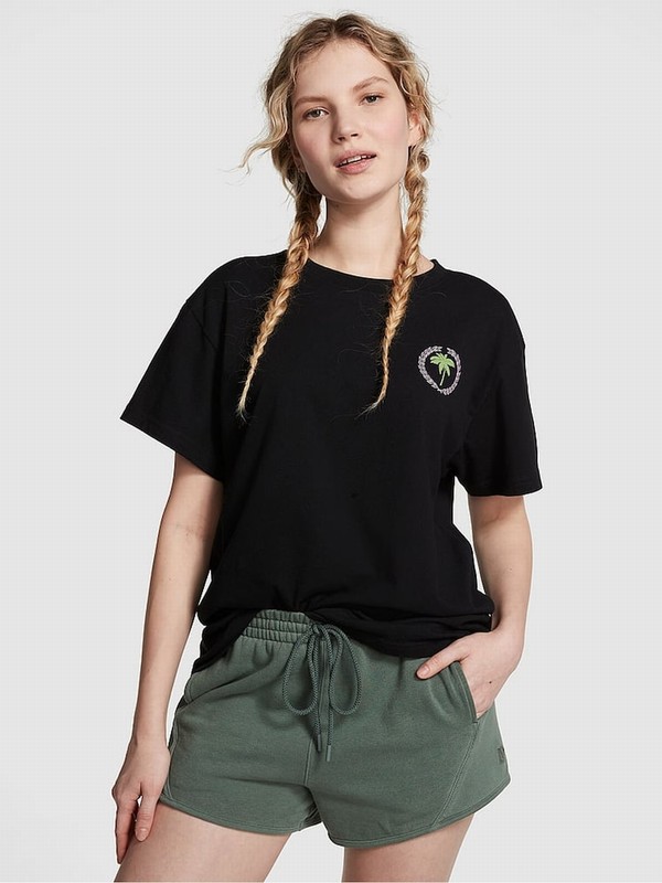 Black Victoria Secret Short Sleeve Oversized Campus T Shirts | SOIHA4156