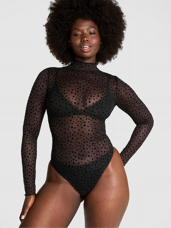 Black Victoria Secret Star Chaser Lace Mock Neck Bodysuit Tops | PIERD3290