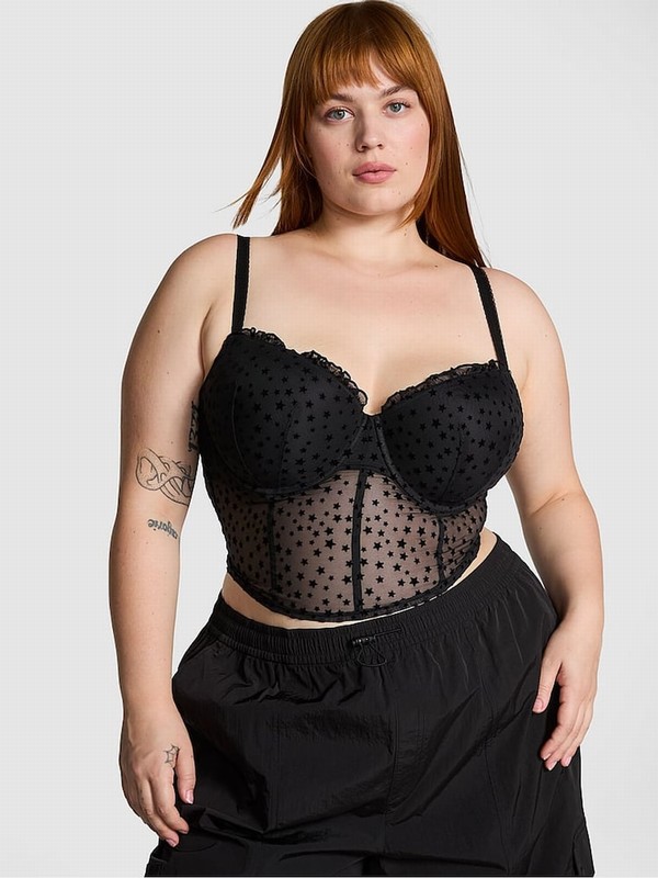 Black Victoria Secret The Wink Star Chaser Lace Corset Top Lingerie | UNAQJ1028
