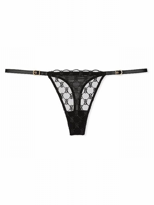 Black Victoria Secret Thong Faux Leather Monogram Underwear | RDXWS7163