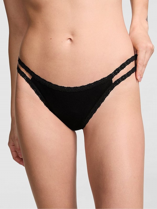 Black Victoria Secret Thong Floral Lace Underwear | OHLFX9670