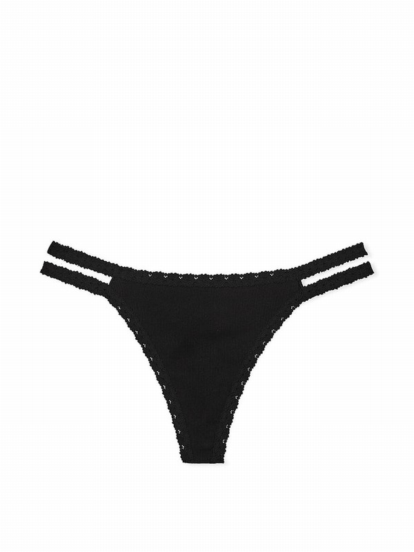 Black Victoria Secret Thong Floral Lace Underwear | OHLFX9670