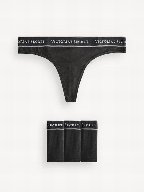 Black Victoria Secret Thong Logo 4 Pack Underwear | VYKOC4601
