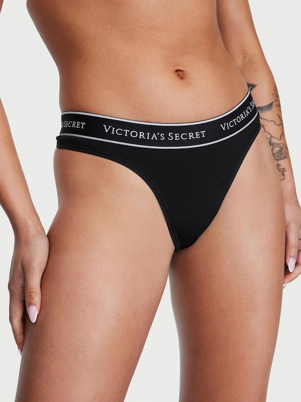 Black Victoria Secret Thong Logo 4 Pack Underwear | VYKOC4601