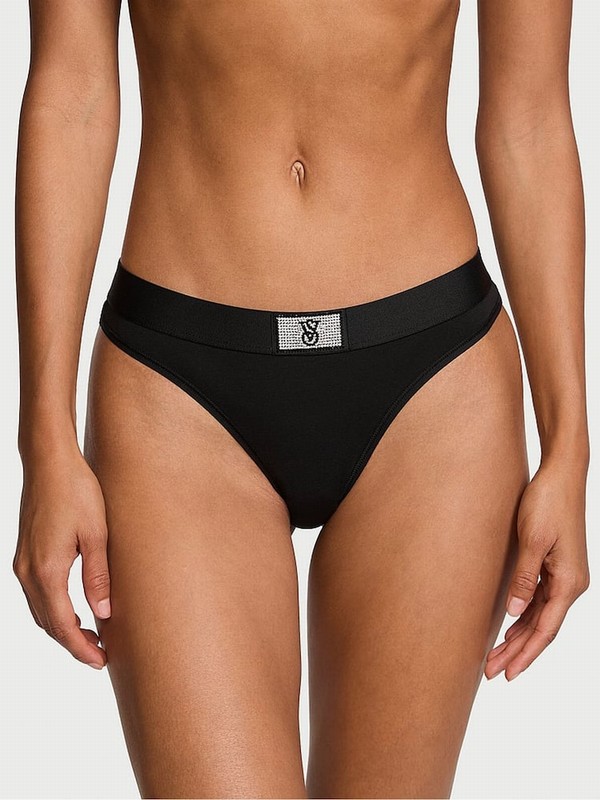 Black Victoria Secret Thong Logo Shine Patch Underwear | SPCFO6478