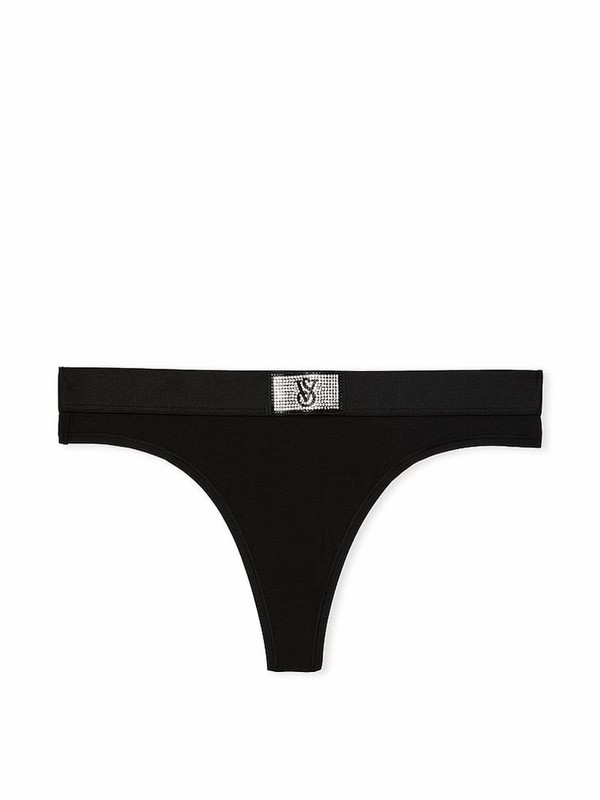 Black Victoria Secret Thong Logo Shine Patch Underwear | SPCFO6478