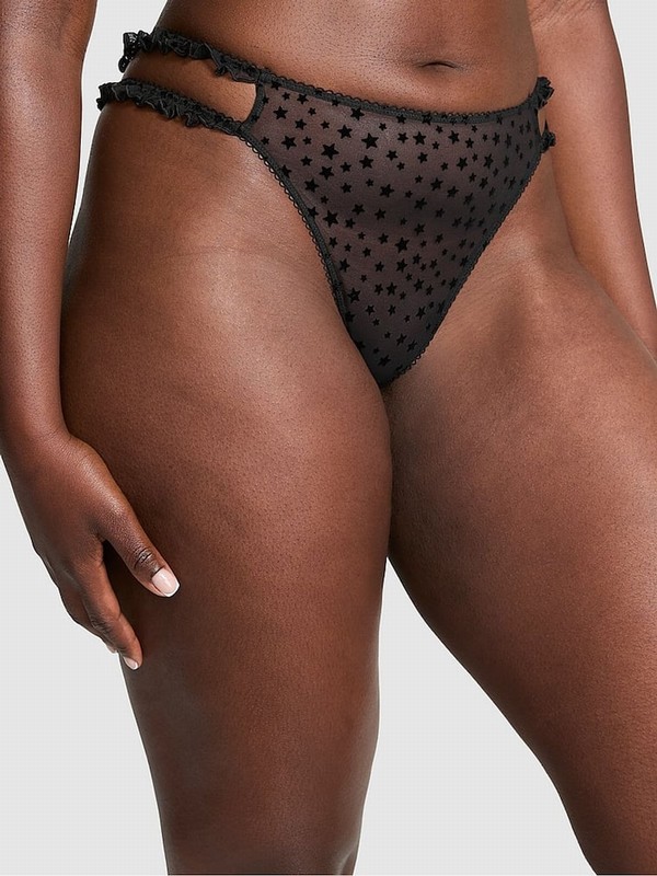 Black Victoria Secret Thong Star Chaser Lace Underwear | SKIDX9540