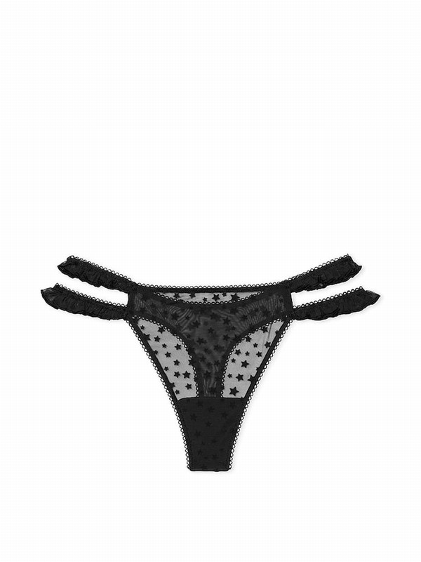Black Victoria Secret Thong Star Chaser Lace Underwear | SKIDX9540
