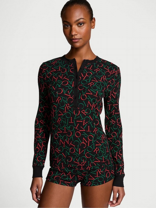 Black Victoria Secret Tossed Logo Thermal Nightwear | RGXWE1872