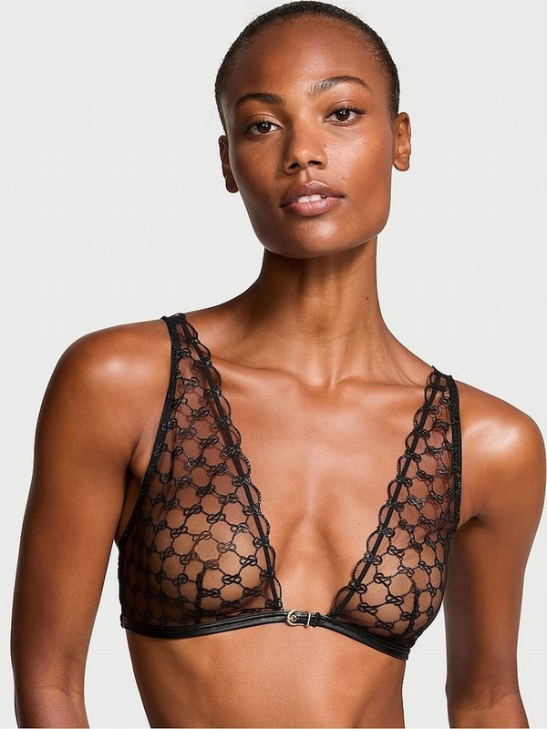 Black Victoria Secret Triangle Faux Leather Monogram Bras | QZDHG5278