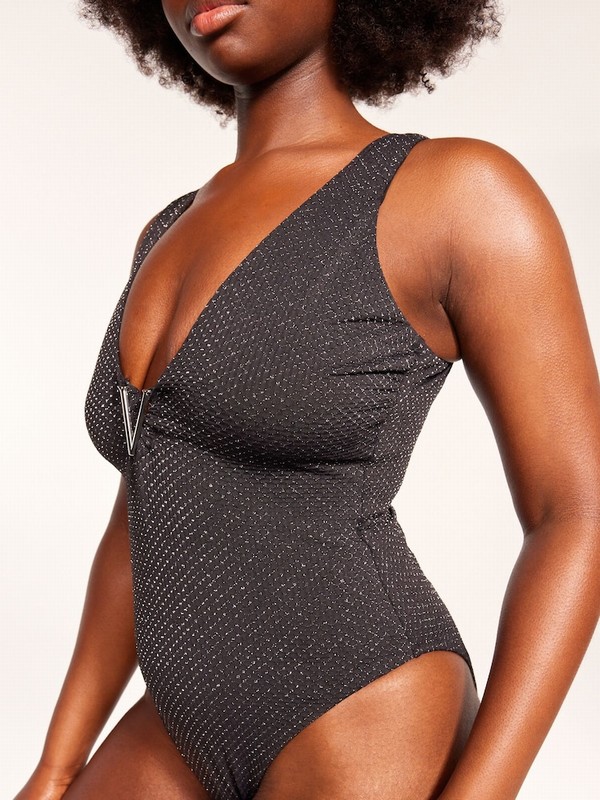 Black Victoria Secret Tummy Control Plunge Shimmersuit Swimsuits | TKPNO5286