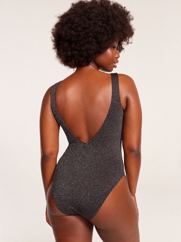 Black Victoria Secret Tummy Control Plunge Shimmersuit Swimsuits | TKPNO5286
