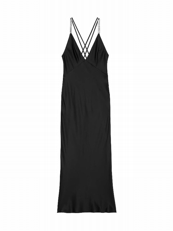 Black Victoria Secret Twinkle Shine Strap Satin Slip Nightwear | VDRNZ0923