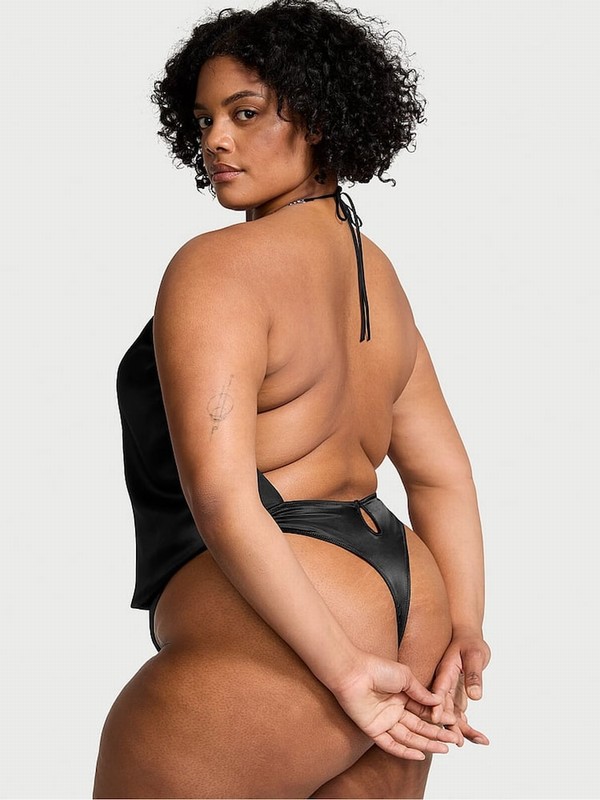 Black Victoria Secret Twinkle Shine Strap Satin Bodysuit Lingerie | QBNPS1298