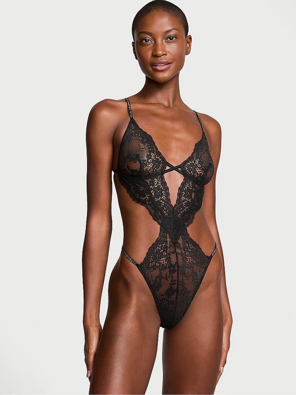 Black Victoria Secret Twinkle Shine Strap Lace Crotchless Bodysuit Lingerie | GFPWV8724