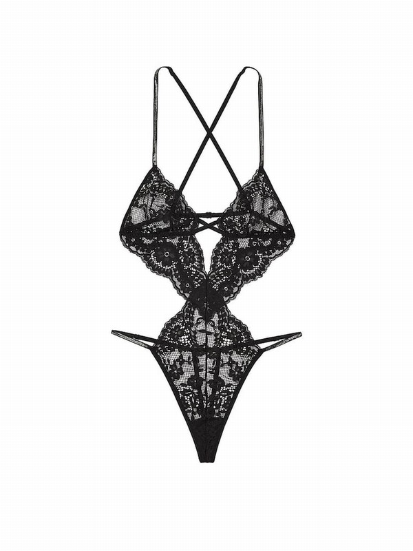 Black Victoria Secret Twinkle Shine Strap Lace Crotchless Bodysuit Lingerie | GFPWV8724
