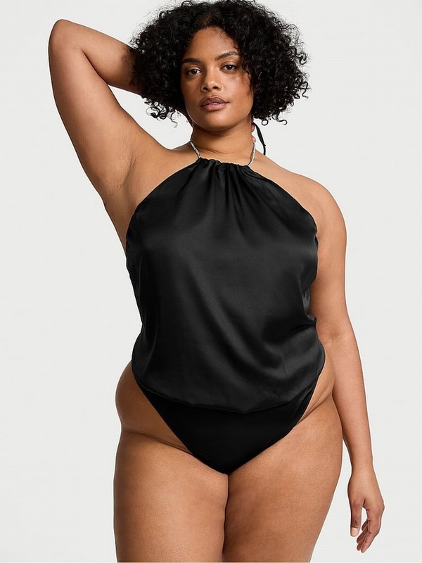 Black Victoria Secret Twinkle Shine Strap Satin Bodysuit Tops | AZJLW4298